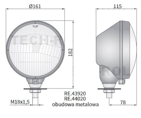 Reflektor przedni prawy, metalowy