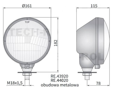 Reflektor przedni prawy, metalowy